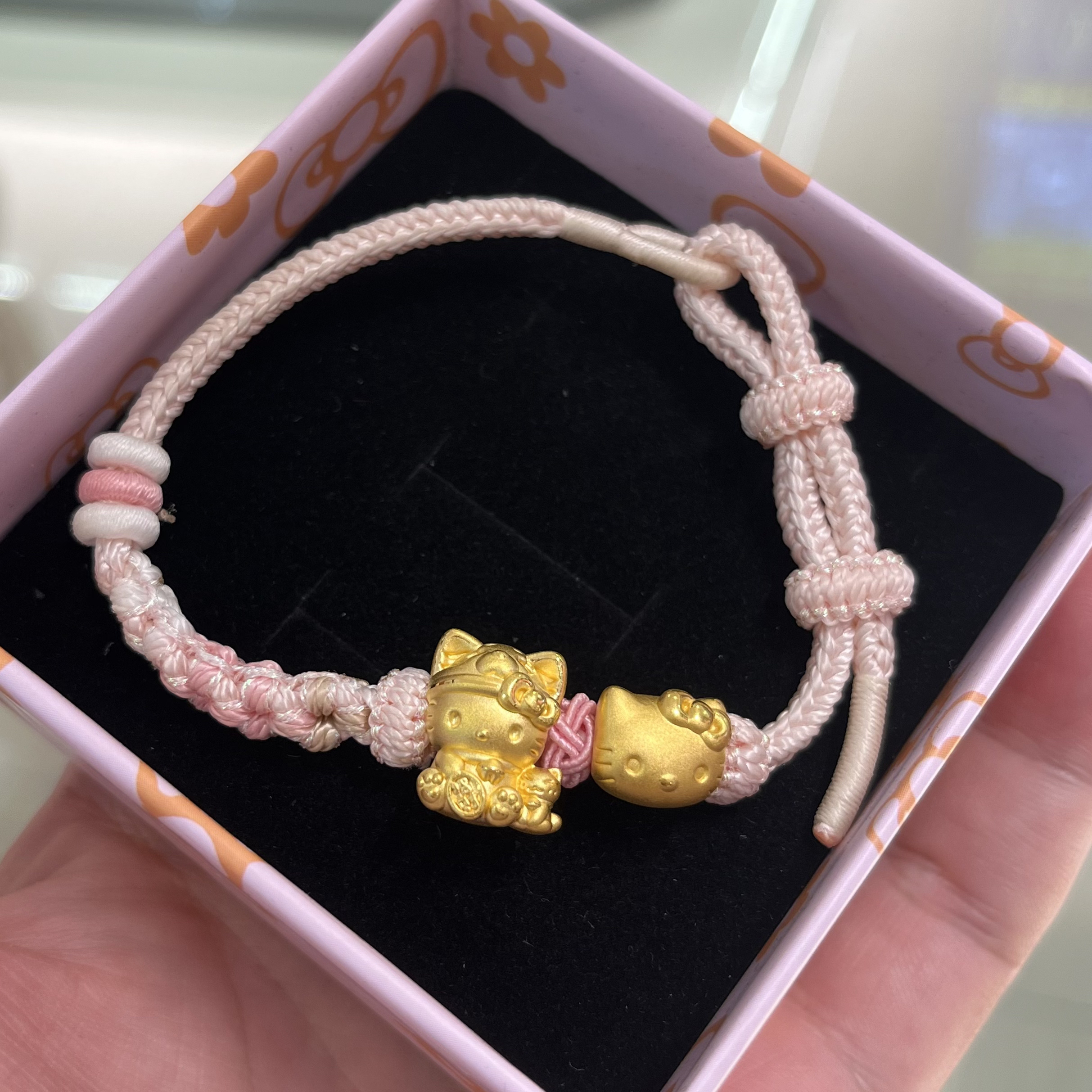 足金可爱KT猫金珠手链编绳手串小众满分礼物送女友