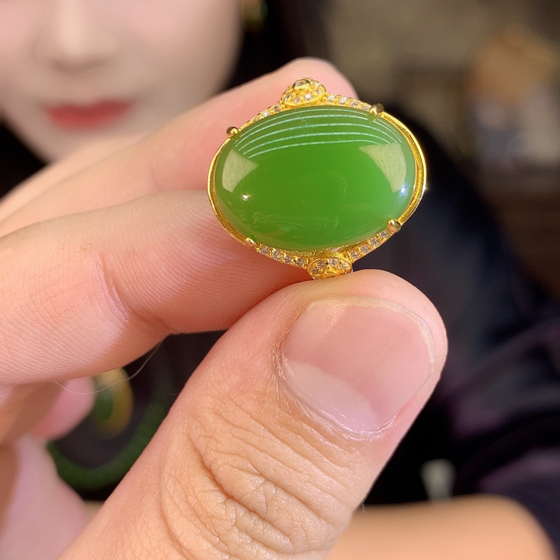 吊坠(不含链)银S925镶嵌和田玉（碧玉）戒指