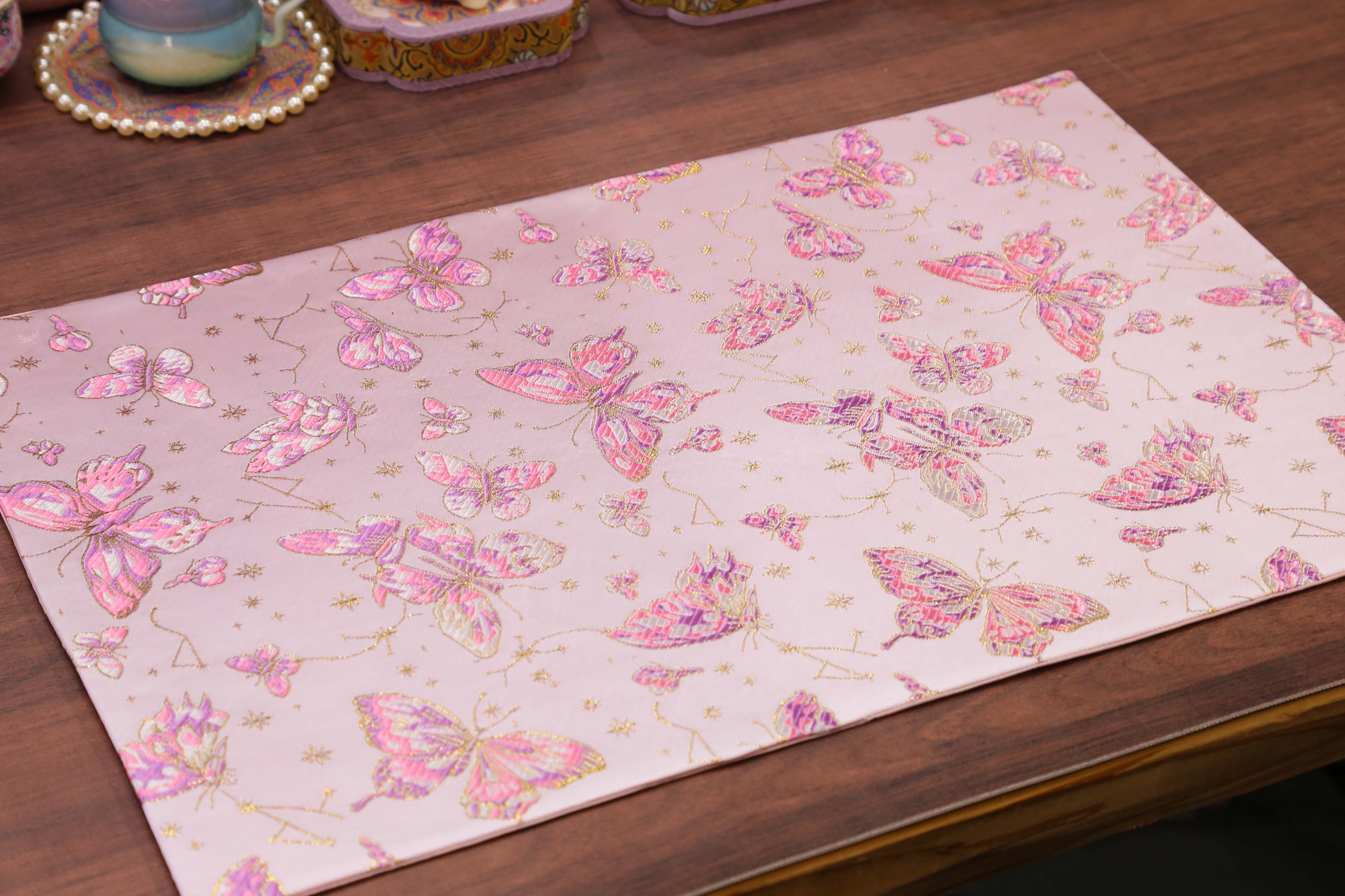 CX963 织锦缎 织金粉蝴蝶 手工轻奢中国风长方形高档茶席壶杯垫