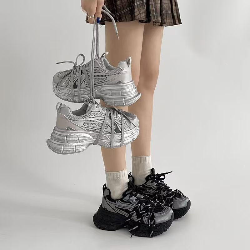 W388新款老爹鞋双网厚底绑带