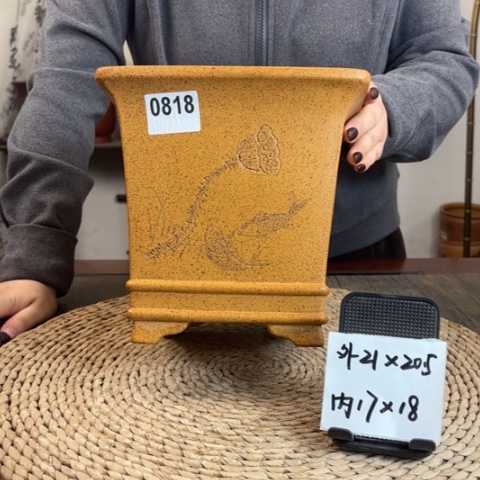 紫砂花盆柴烧莲蓬刻绘双线高四方0818