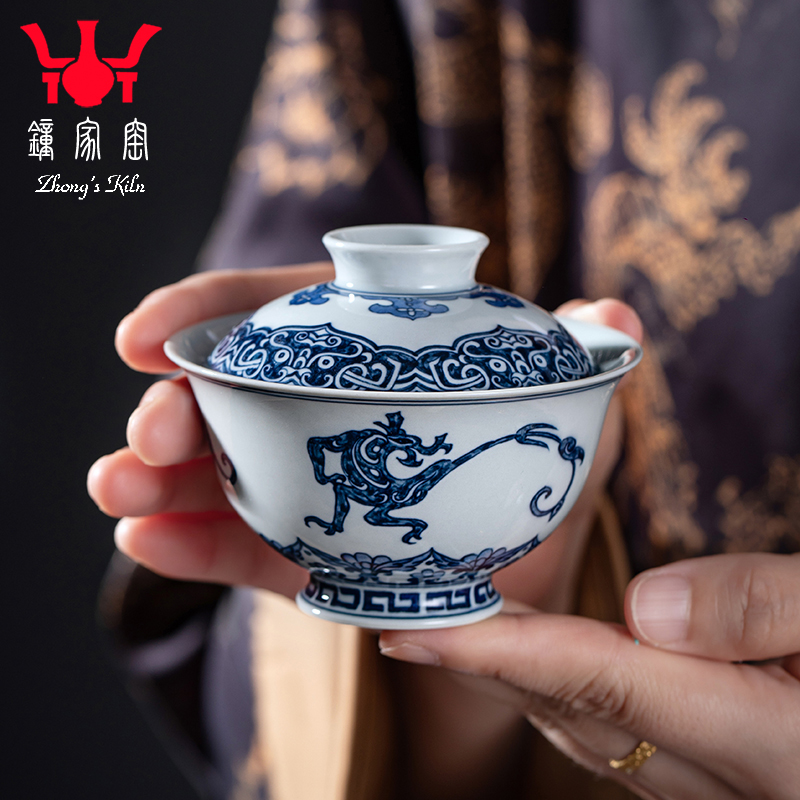钟家窑陶瓷盖碗景德镇手工手绘柴窑青花螭龙纹功夫茶泡茶二才盖碗