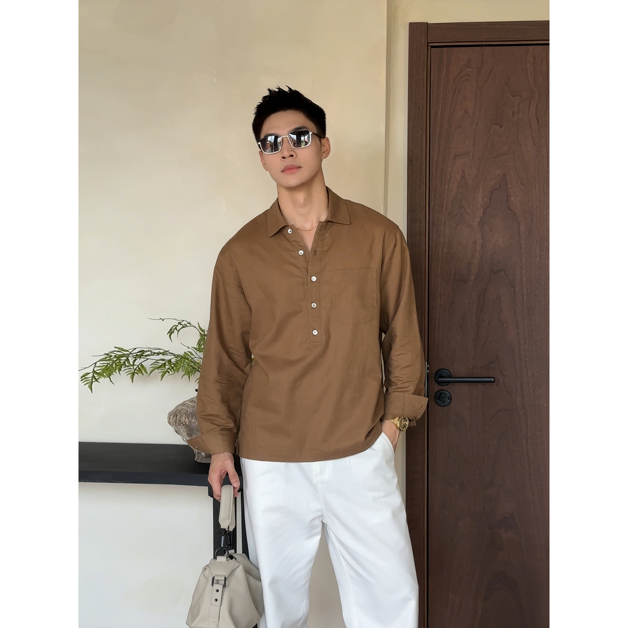 『极简轻奢 立体剪裁』秋款亚麻混纺棉设计款长袖衬衫C81291 A26