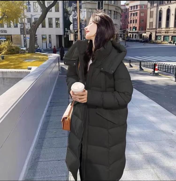 爆款白色鸭绒羽绒服女冬长款过膝新款韩版宽松连帽时尚加厚面包服