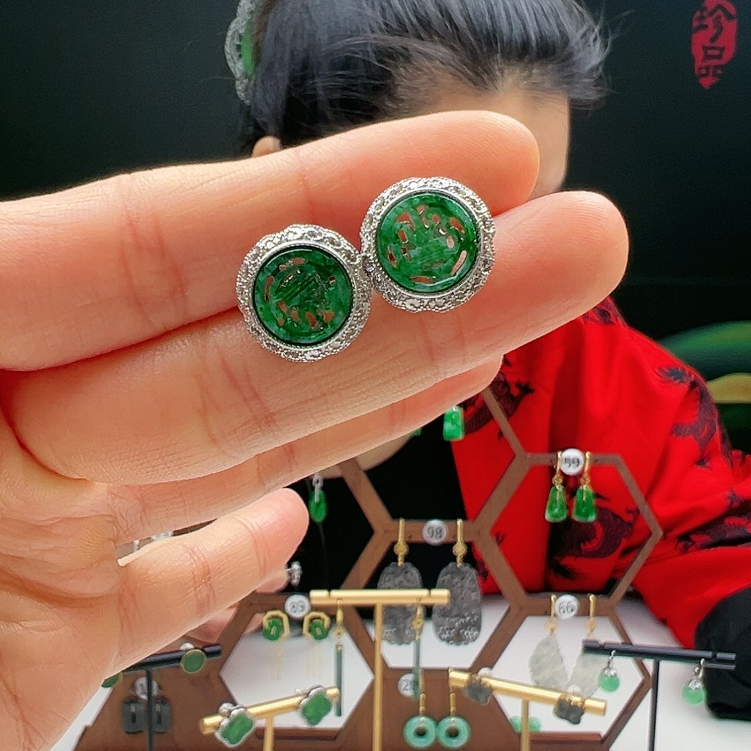 翡翠耳饰银S925镶嵌天然翡翠