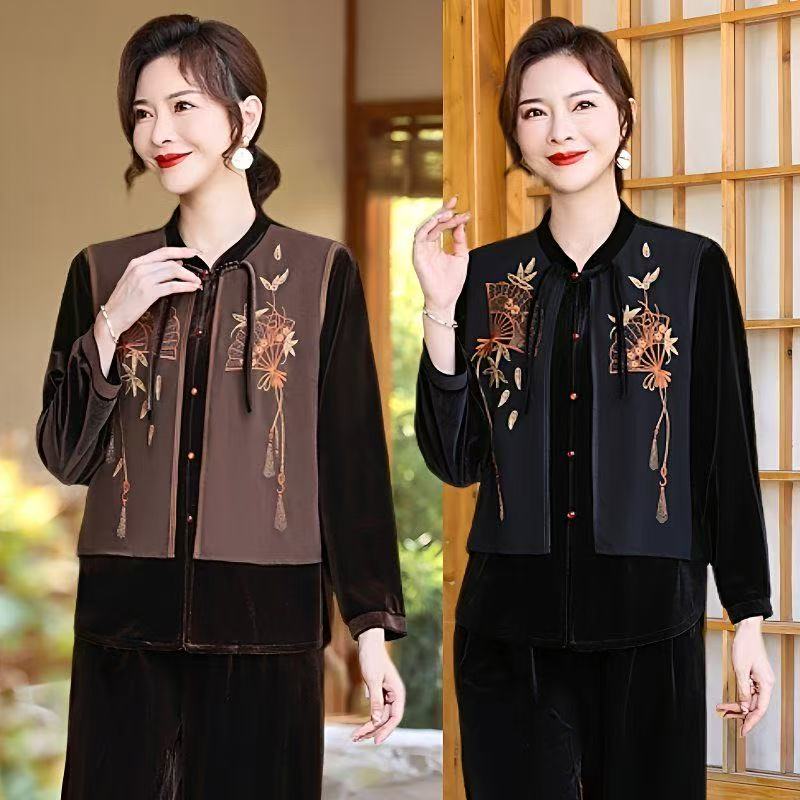 2025盘扣立领丝绒上衣中式国风秋冬长袖保暖加绒加厚旗袍打底衫女