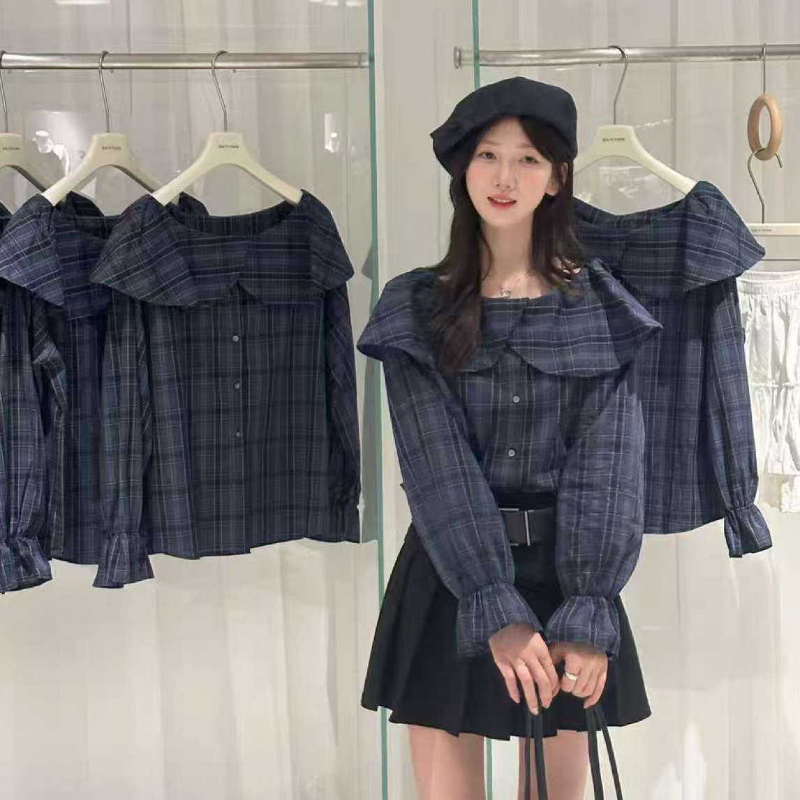 ～韩系撞色格纹长袖衬衫女秋季荷叶边洋气减龄百搭短款上衣潮