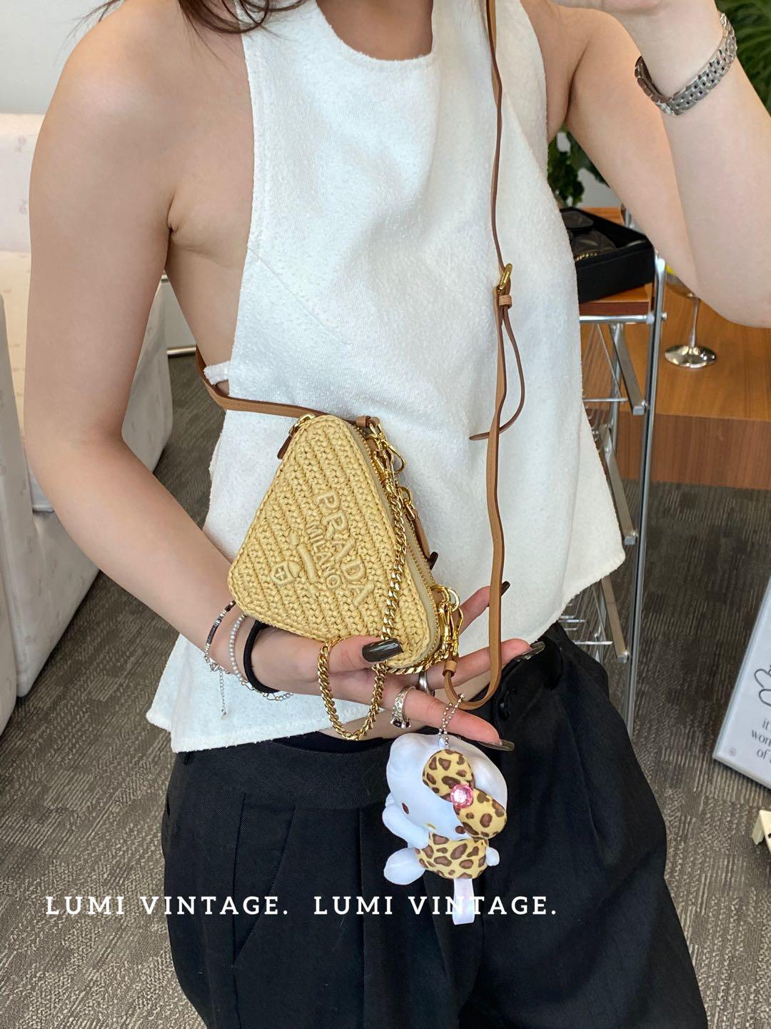 95新 Prada/普拉达 拉菲草三角mini斜挎包 65189984