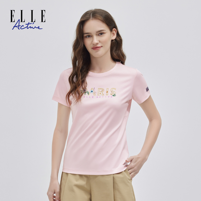 ELLE Active圆领短袖T恤女夏季新款休闲时尚字母印花舒适上衣百搭