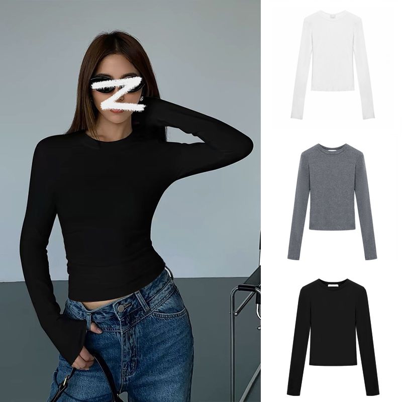 内搭掐腰正肩长袖恤女修身打底衫早秋收腰显瘦高能感欧美辣妹潮
