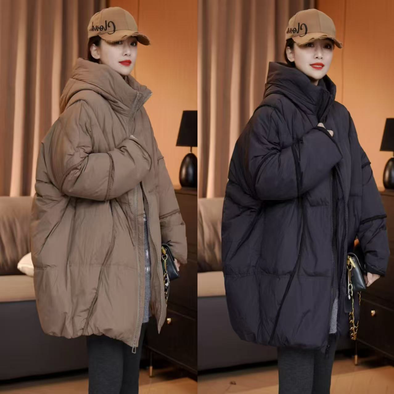 秋冬新款 拉条连帽宽松显瘦加厚棉衣外套上衣百搭时尚保暖棉服