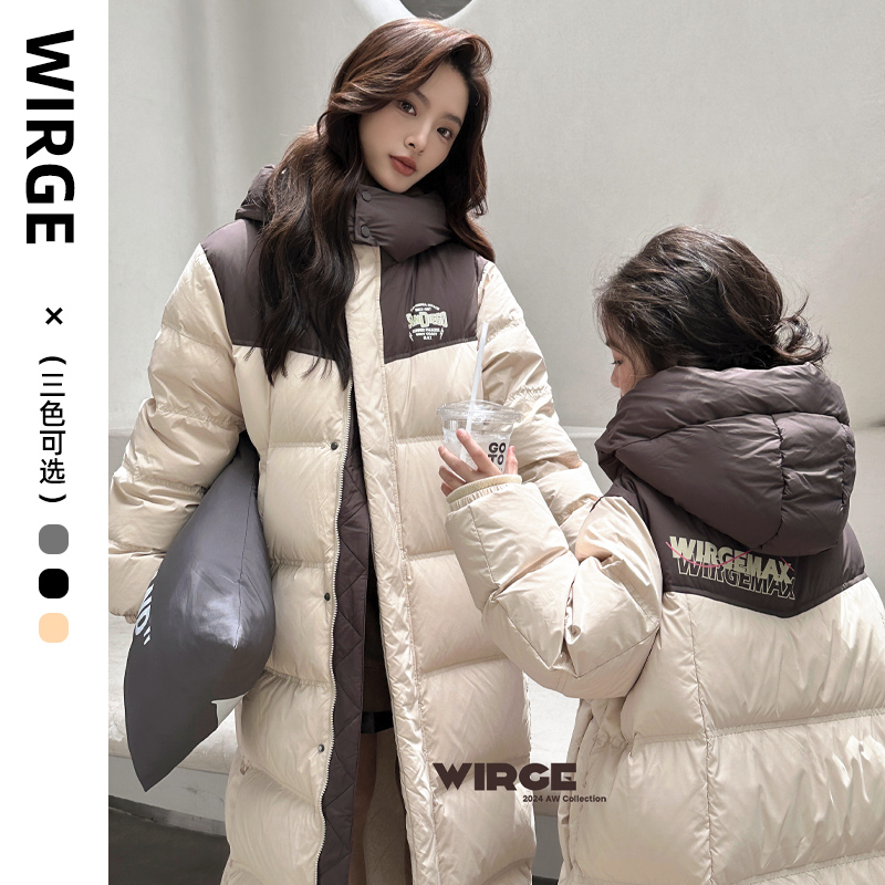 韦氏25新款亲子装男女中大小童加长款连帽过膝加厚款拼纯色羽绒服