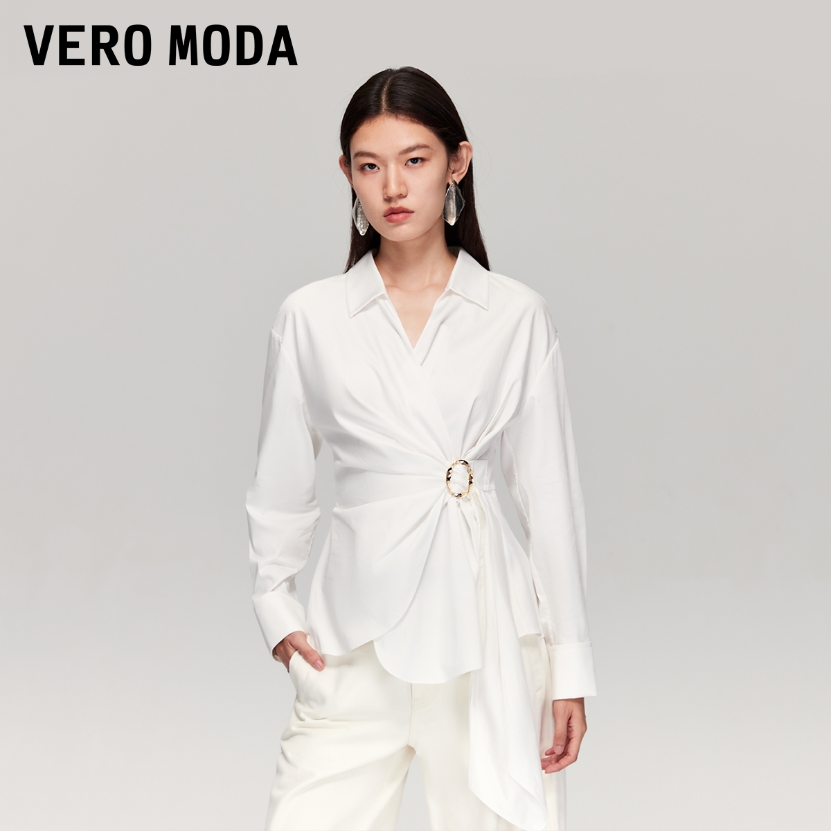 Vero Moda衬衫2025冬季新款含棉金属扣腰带上衣百搭简约时尚女装