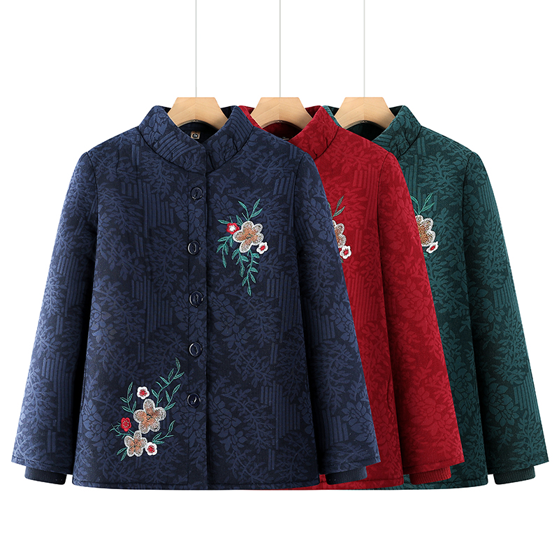 冬季外套休闲风民族风碎花中老年女装女装立领加厚款