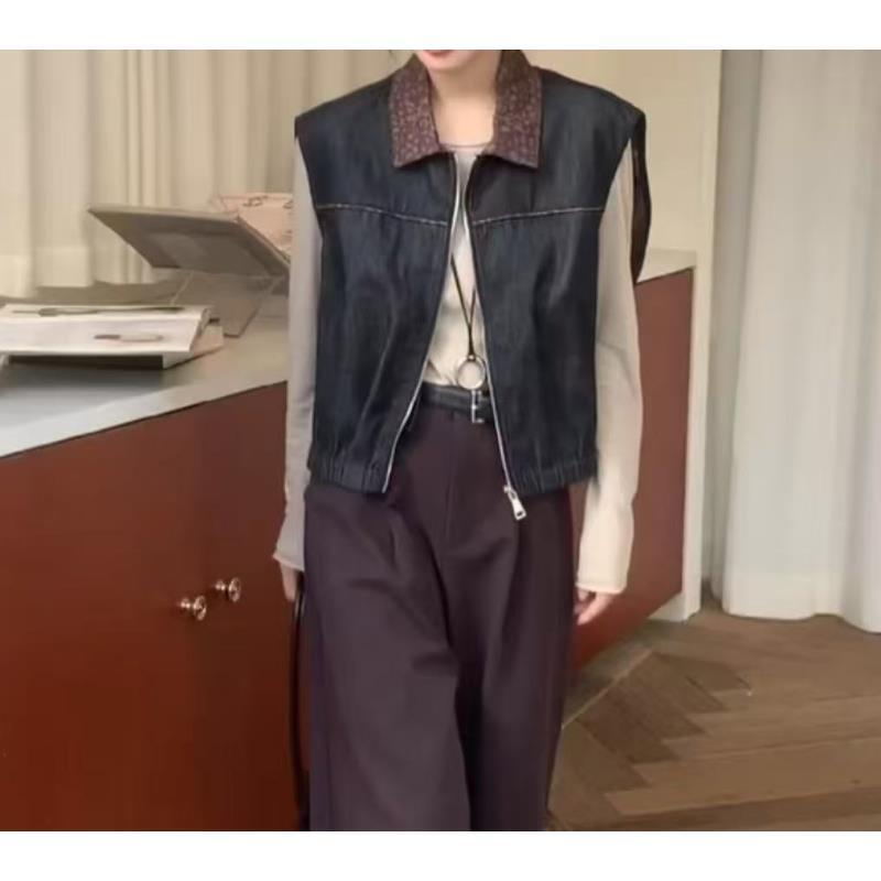 5517号675#秋百搭复古撞色翻领双口袋拉链休闲马甲