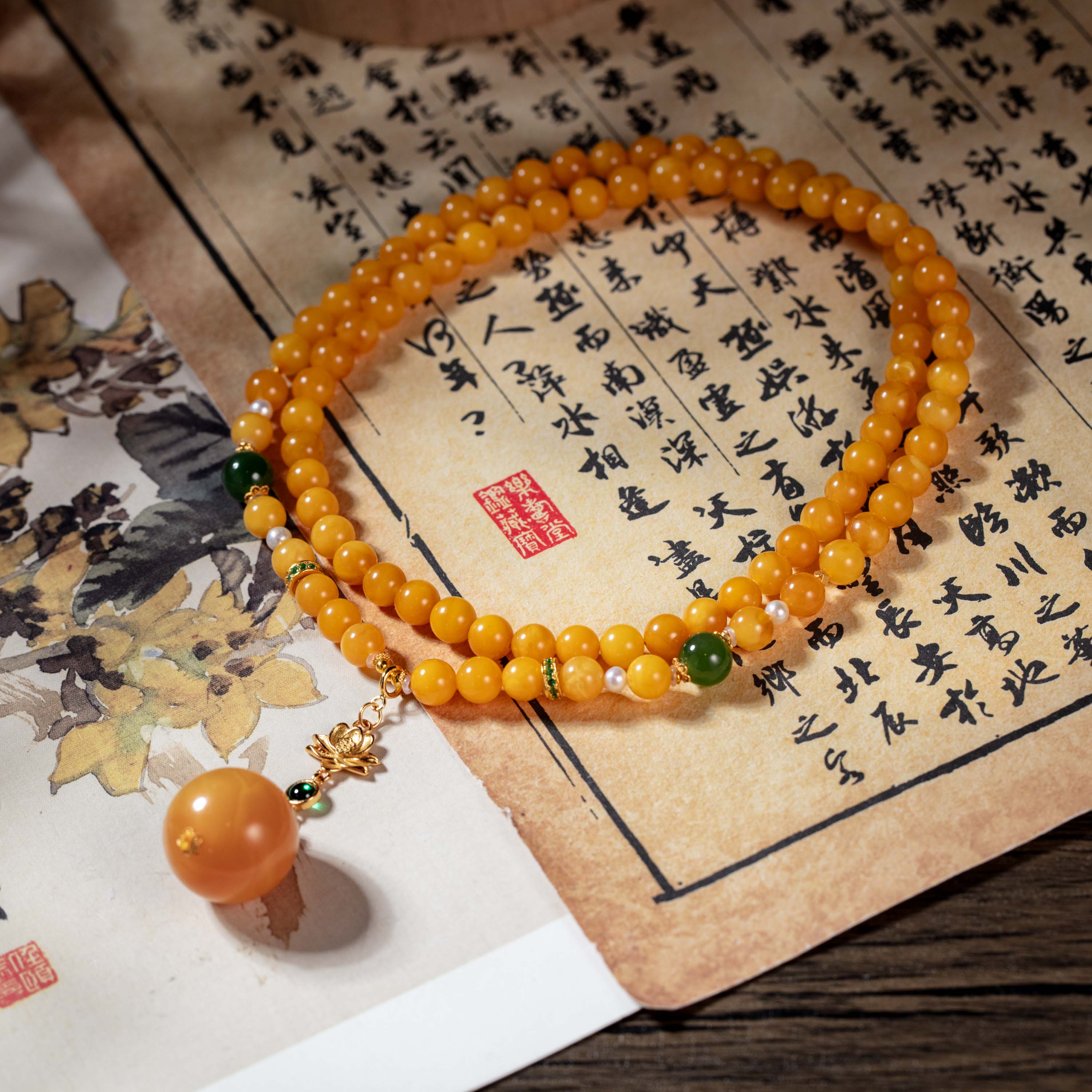 红花蜜蜡圆珠项链#B1590381多样性发货