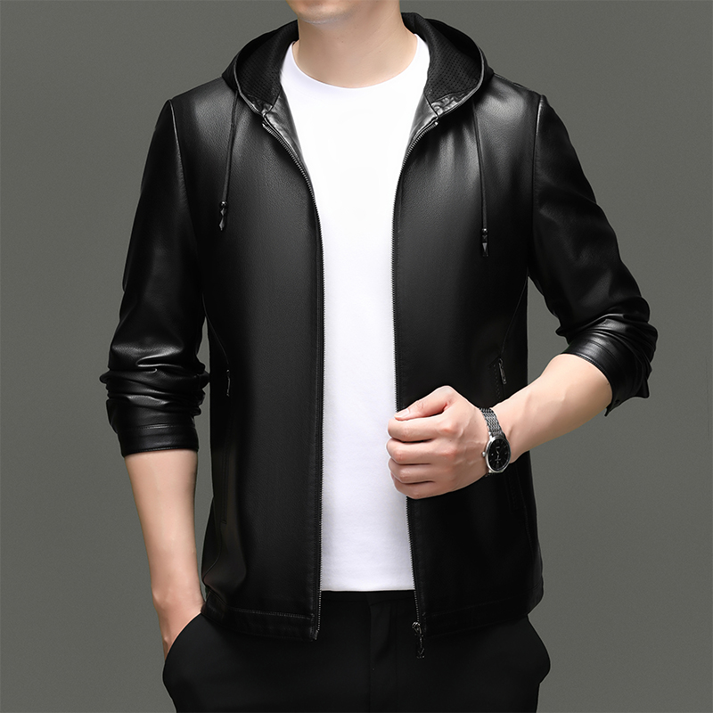 海宁优选新款时尚潮流连帽帅气薄款高档厚款显瘦软皮夹克男皮衣