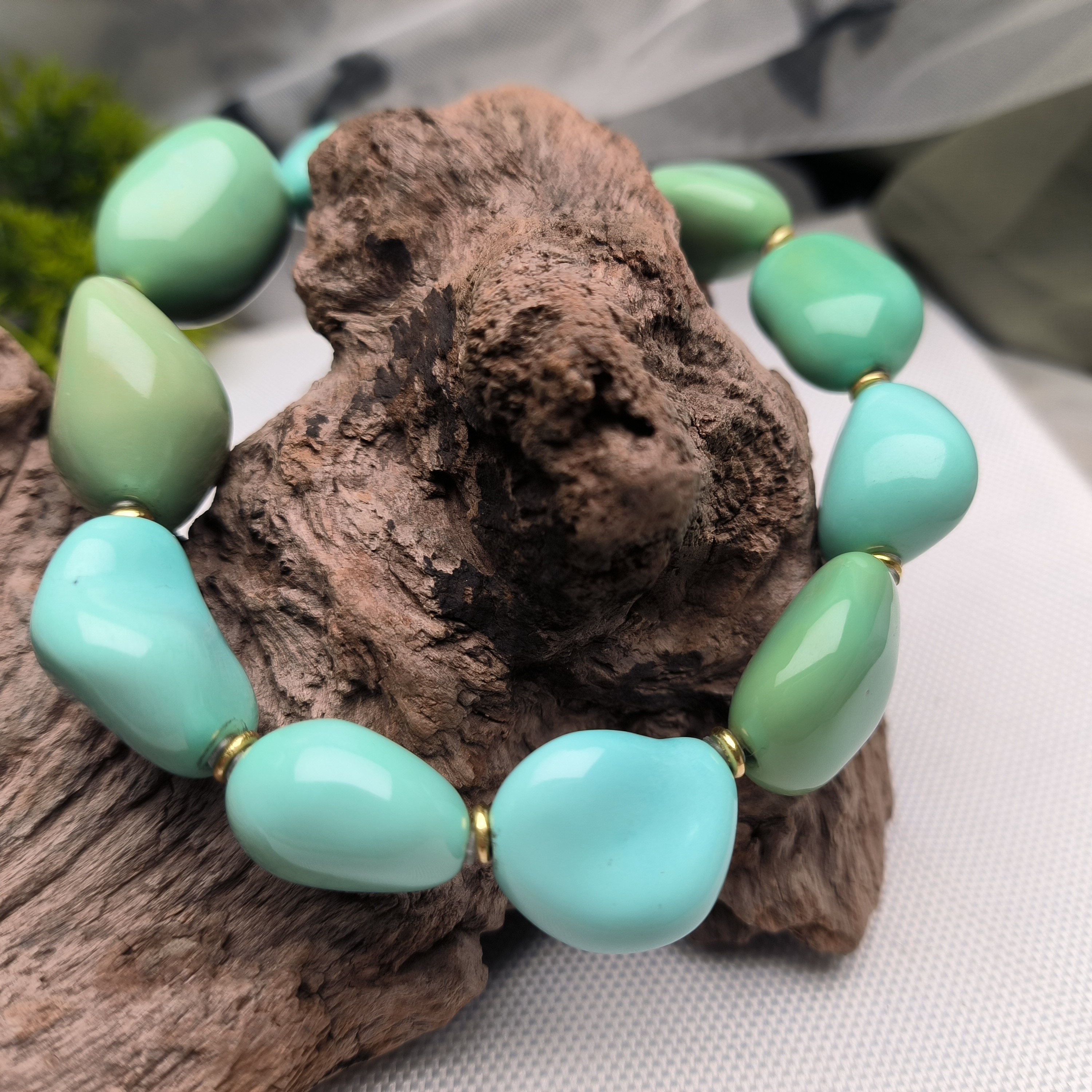 原矿绿松石，多宝随缘形大糖豆手串15mm