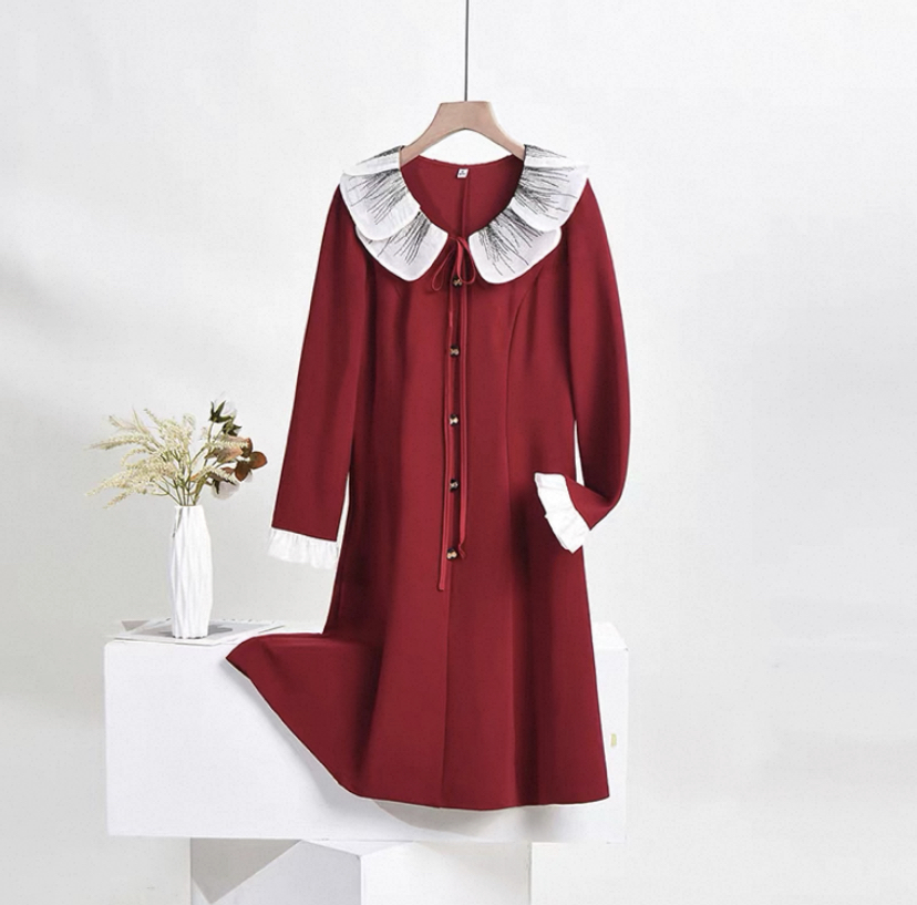 H2896 2025秋新款汉货都市优雅减龄娃娃领显瘦百搭长袖连衣裙H8