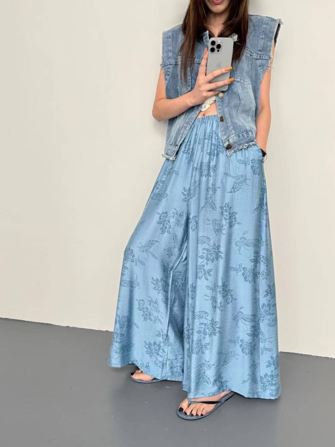 25002宽腿提花（人造棉缩水3-5厘米裤长100）高腰垂感宽松休闲裤