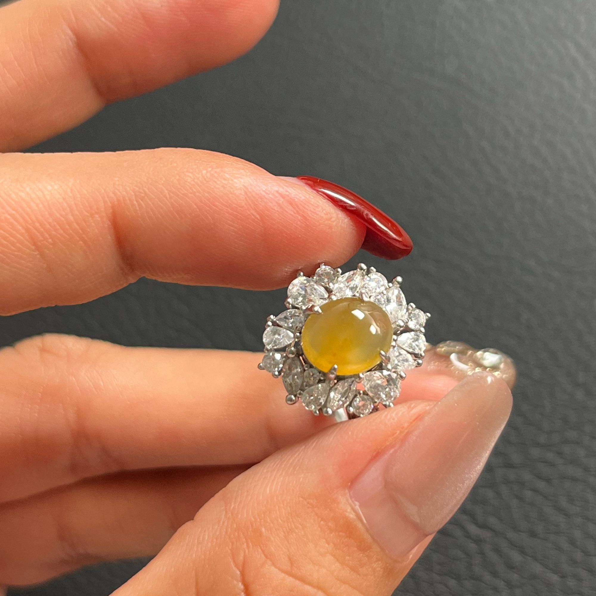 925银镶嵌 缅甸天然翡翠A货 冰黄翡 戒指 尺寸8.3。7。4