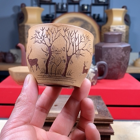 紫砂茶杯一路鹿相伴微瑕