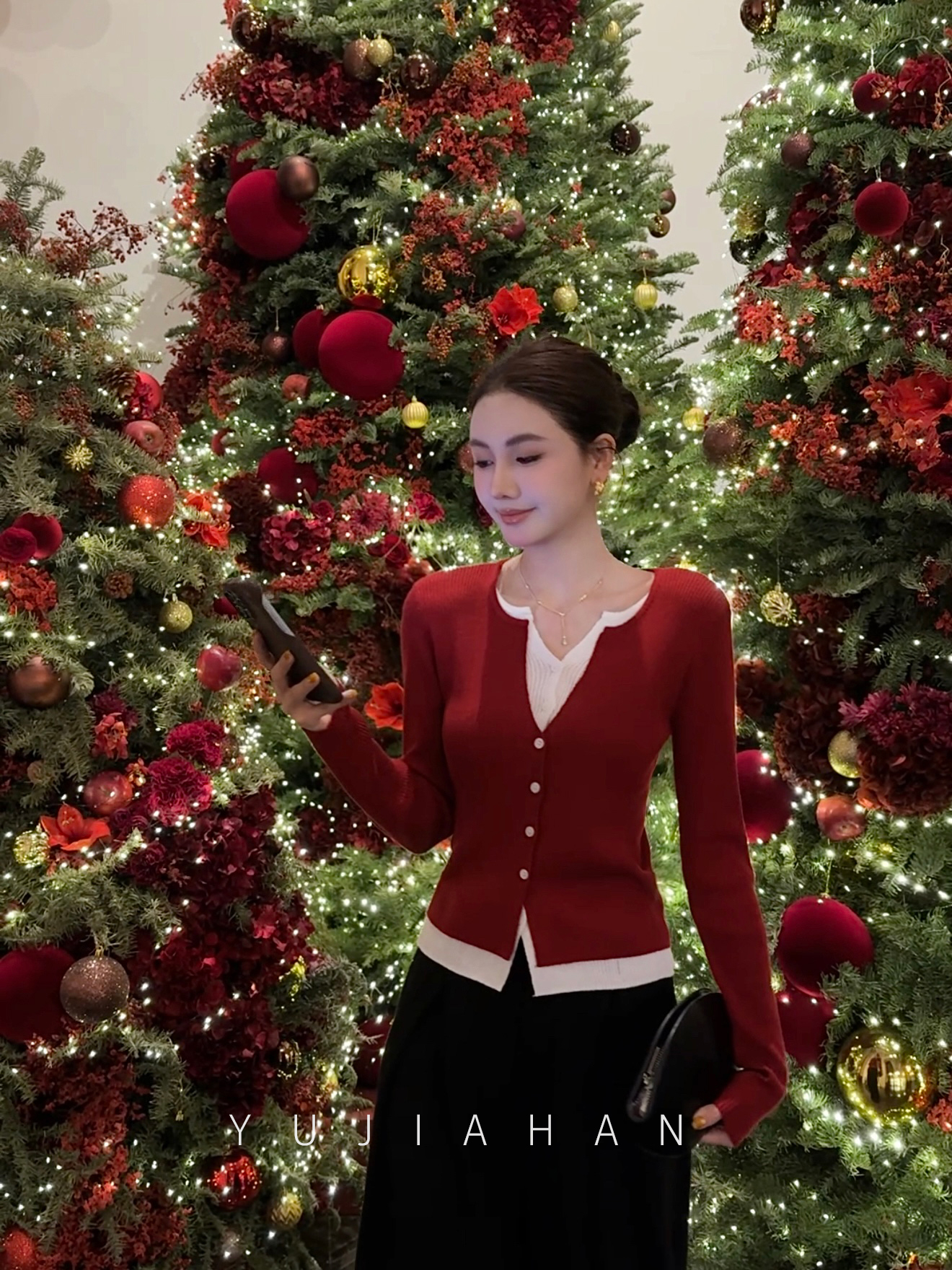 YUJIAHAN红色毛衣秋冬新款穿搭慵懒高级感上衣设计感假两件针织衫