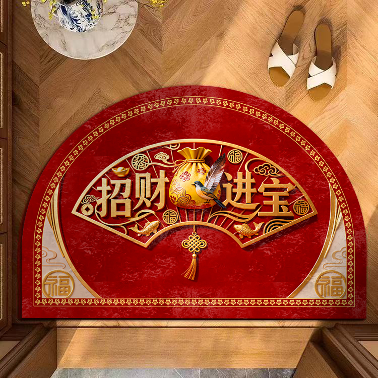 升级加厚款金钻绒棉麻布底硅胶防滑底半圆形红色鸟语报春防滑脚垫