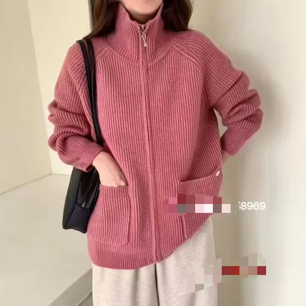 秋冬新款女宽松纯色简约polo领羊毛开衫保暖百搭毛衣外套58969