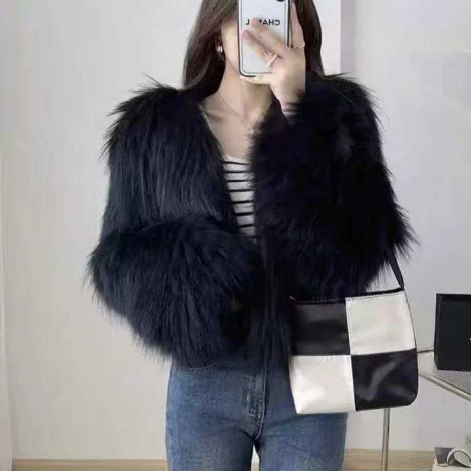 【加内衬】黑色皮草貉子毛编织50衣长冬季时尚短外套女