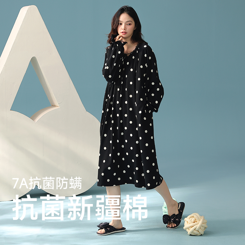 美韵岛｜新疆棉睡裙女经典波点图案黑色显瘦遮肉长袖秋季新款长裙
