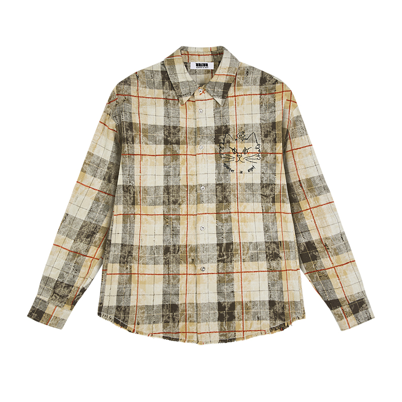 QUARTER IN NIGHT美式复古扎染长袖修闲格纹线条小猫晕染村衫