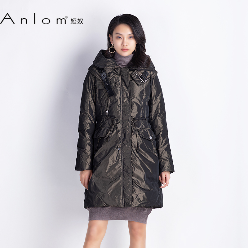Anlom/娅奴秋冬保暖女中长款宽松带帽系带纯色鸭绒服外套女