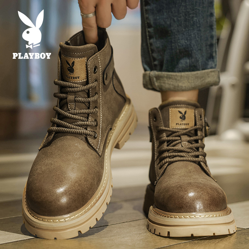 花花公子时尚高帮系带马丁靴男士冬季皮靴黑色秋季英伦风打黄靴