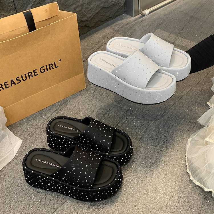 小众风~2023夏新款 厚底水钻外穿女拖鞋