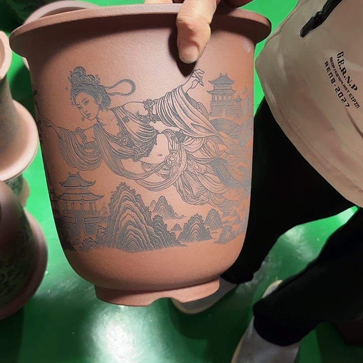 帝***冠花盆紫砂刻绘敦煌