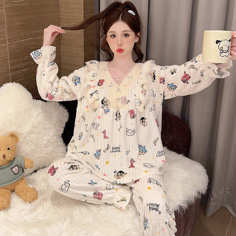 法兰绒柔软短绒睡衣女冬季甜美松紧袖口加肥大码220斤胖mm家居服