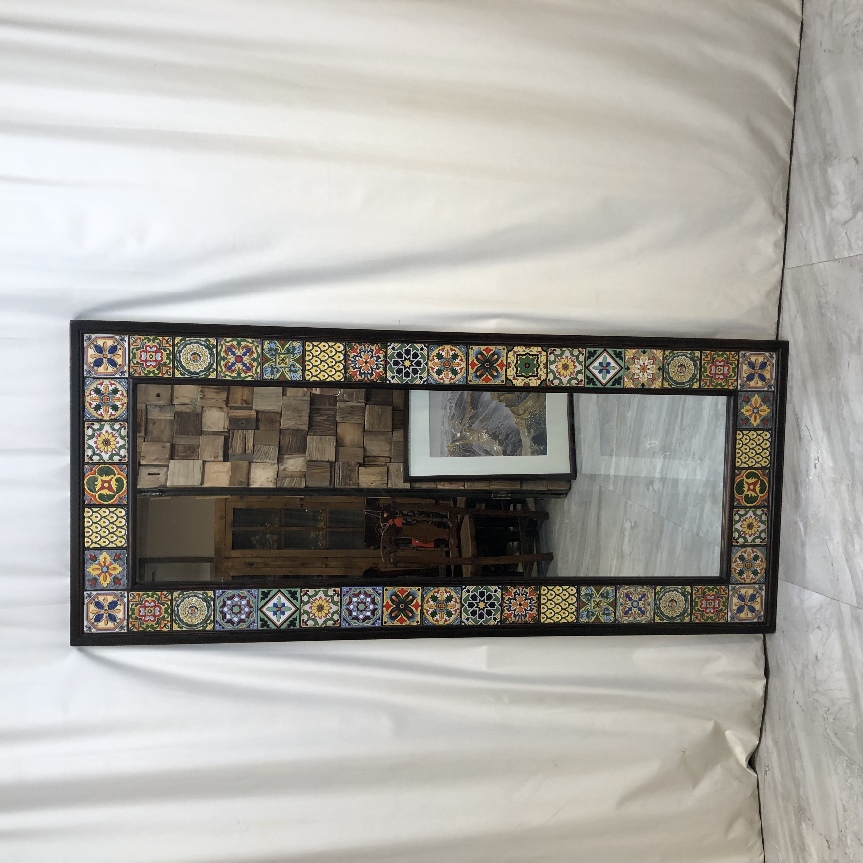 博瑞奇老松木彩瓷落地镜复古雕花全身镜隔断玄关屏风08944