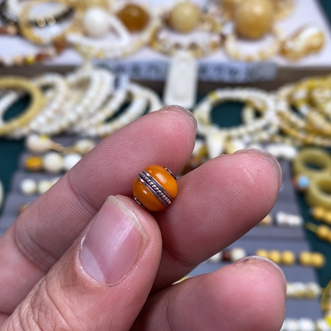 琥珀裸石银S925镶嵌特惠9mm汉堡珠