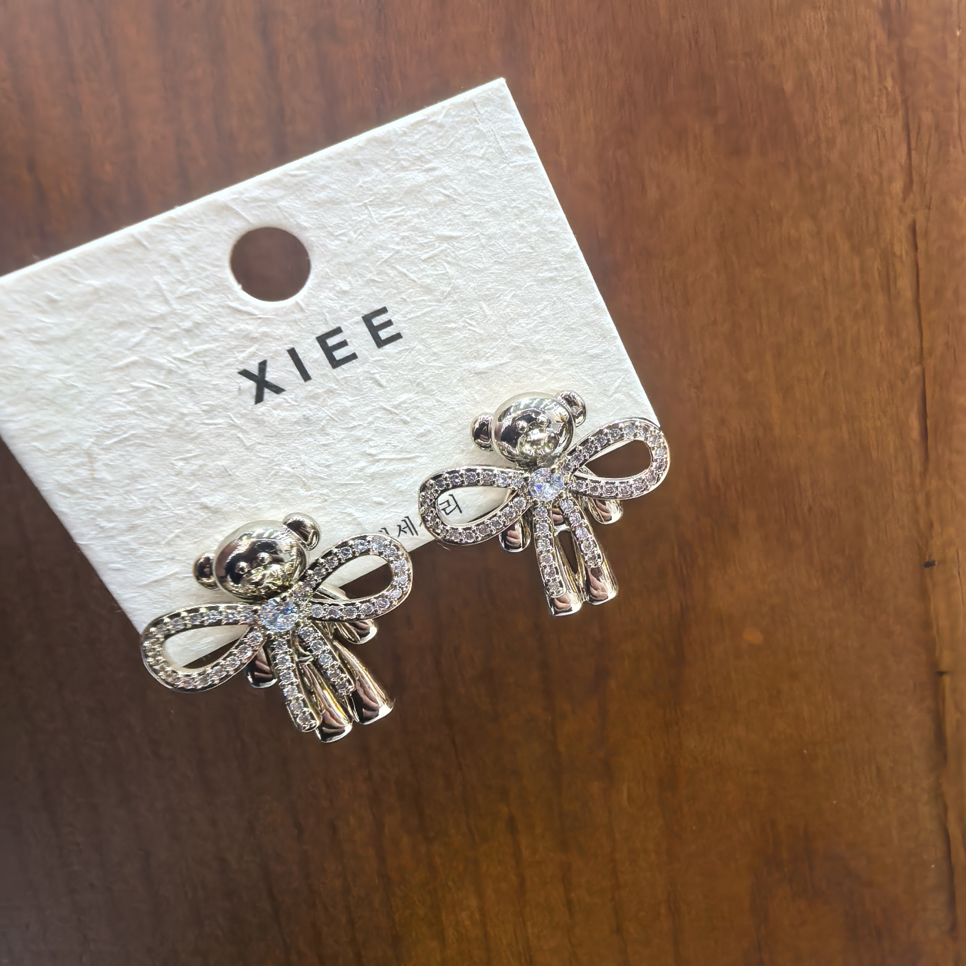 铜合金耳饰 C418浅太金色蝴蝶结小熊闪闪耳钉耳饰