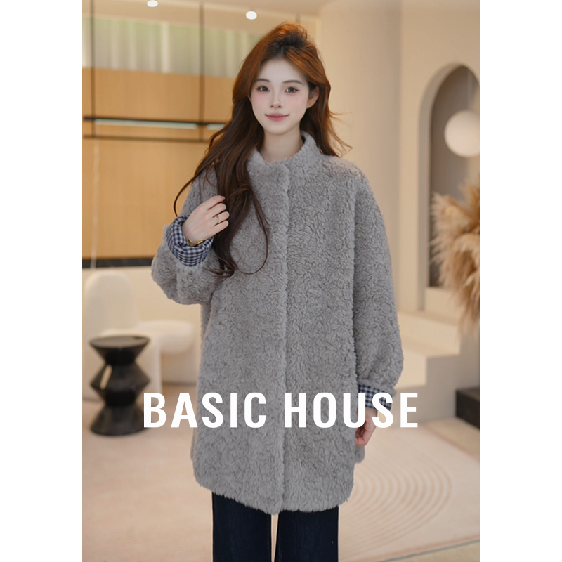 Basic House/百家好琥珀流光中长款羊羔毛外套皮草B1195B57D32