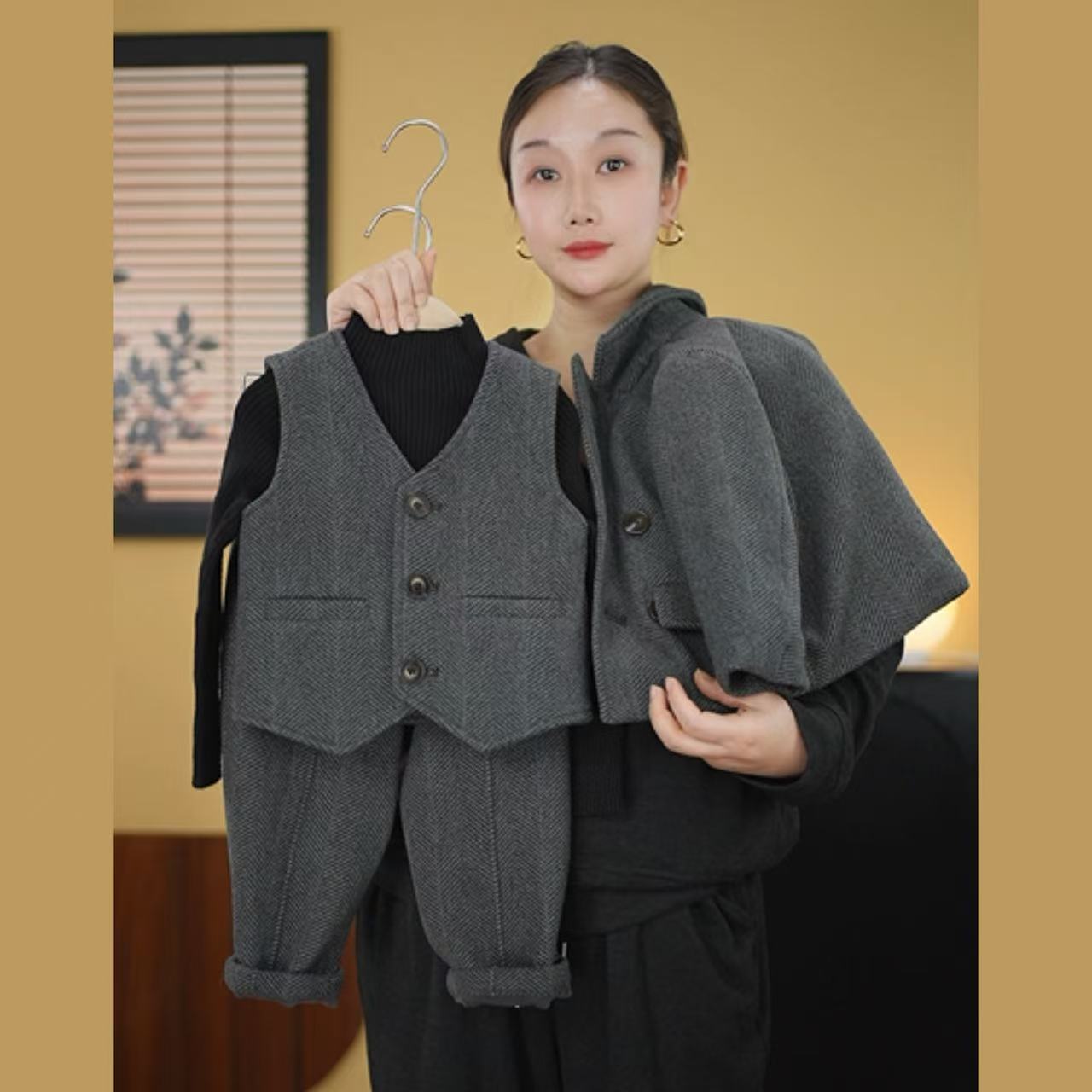 【自带气质】2025冬季穿搭毛呢外套时尚儿童男女童装宝宝三件套