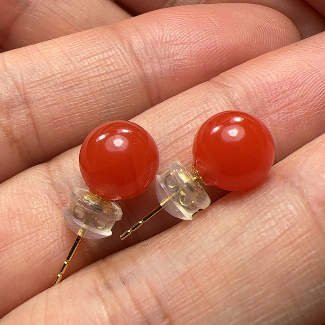 南红玛瑙耳钉18K金镶嵌