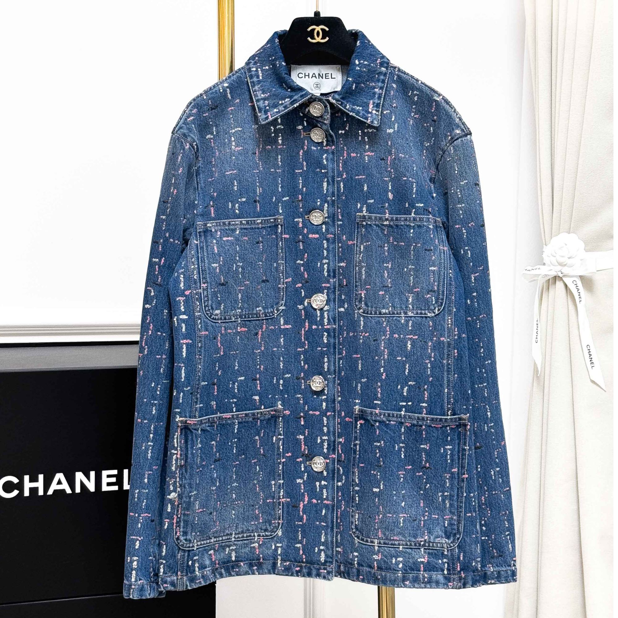 99新 Chanel/香奈儿 40码 蓝色拼粉白色 四口袋 长袖 牛仔 外套