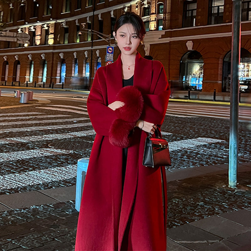 红色双面呢大衣女中长款秋冬新款赫本风高级感宽松型羊毛呢子外套