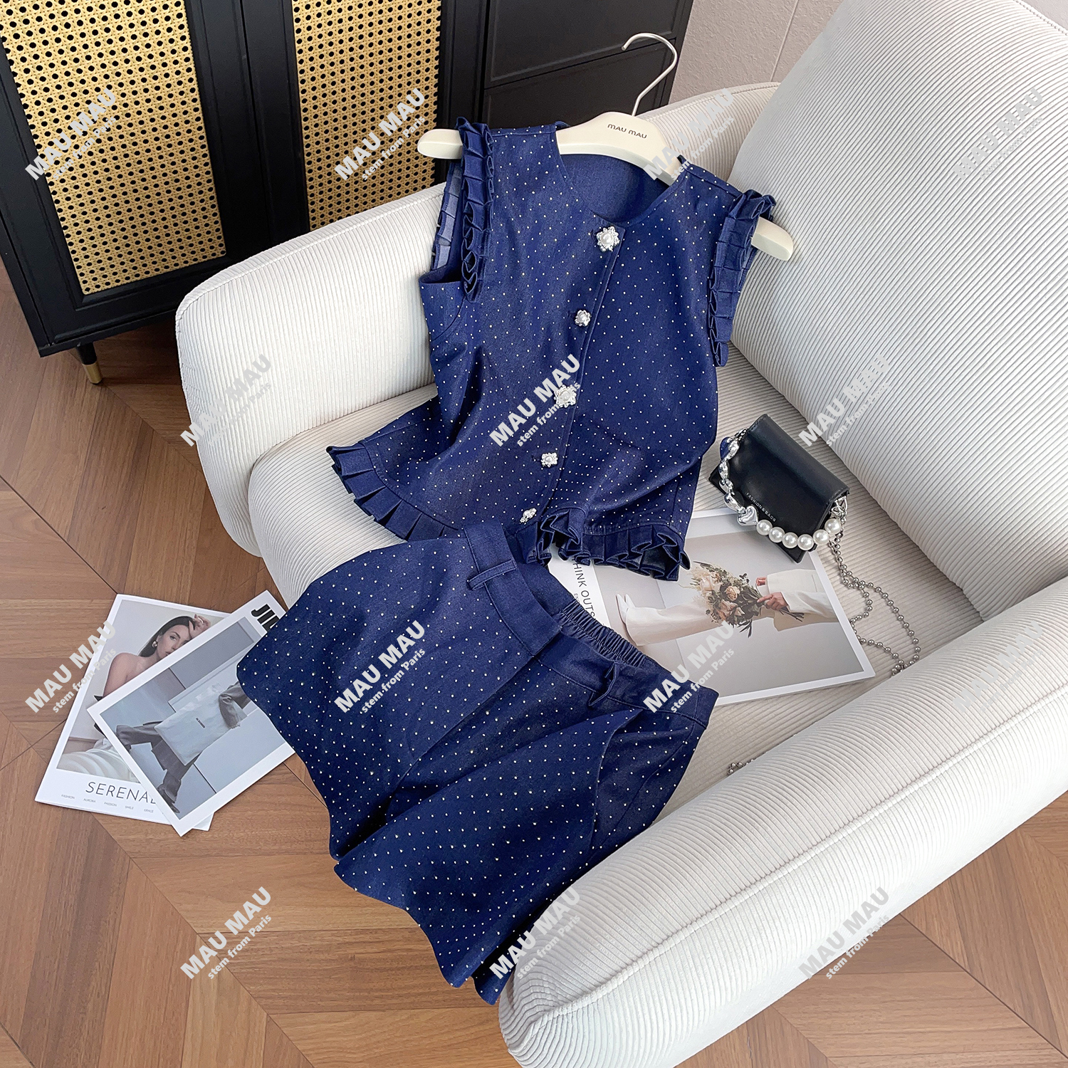 MIUMEM法式甜美木耳边烫钻背心上衣+短裤套装DY7608