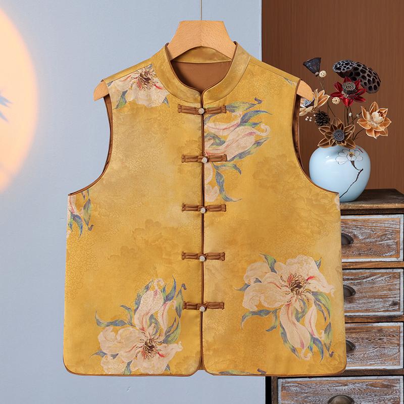 （芙 蕖）春季新款马夹复古印花无袖单排扣立领马甲