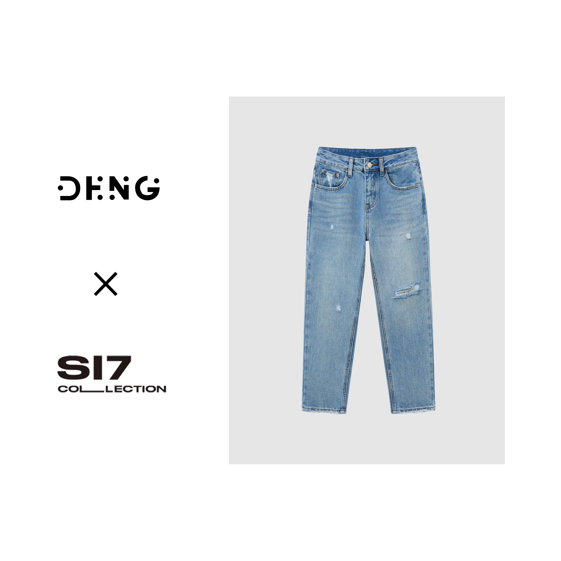 Carol质感水洗蓝直筒毛边窄版破洞高腰显瘦八分牛仔裤NZS030