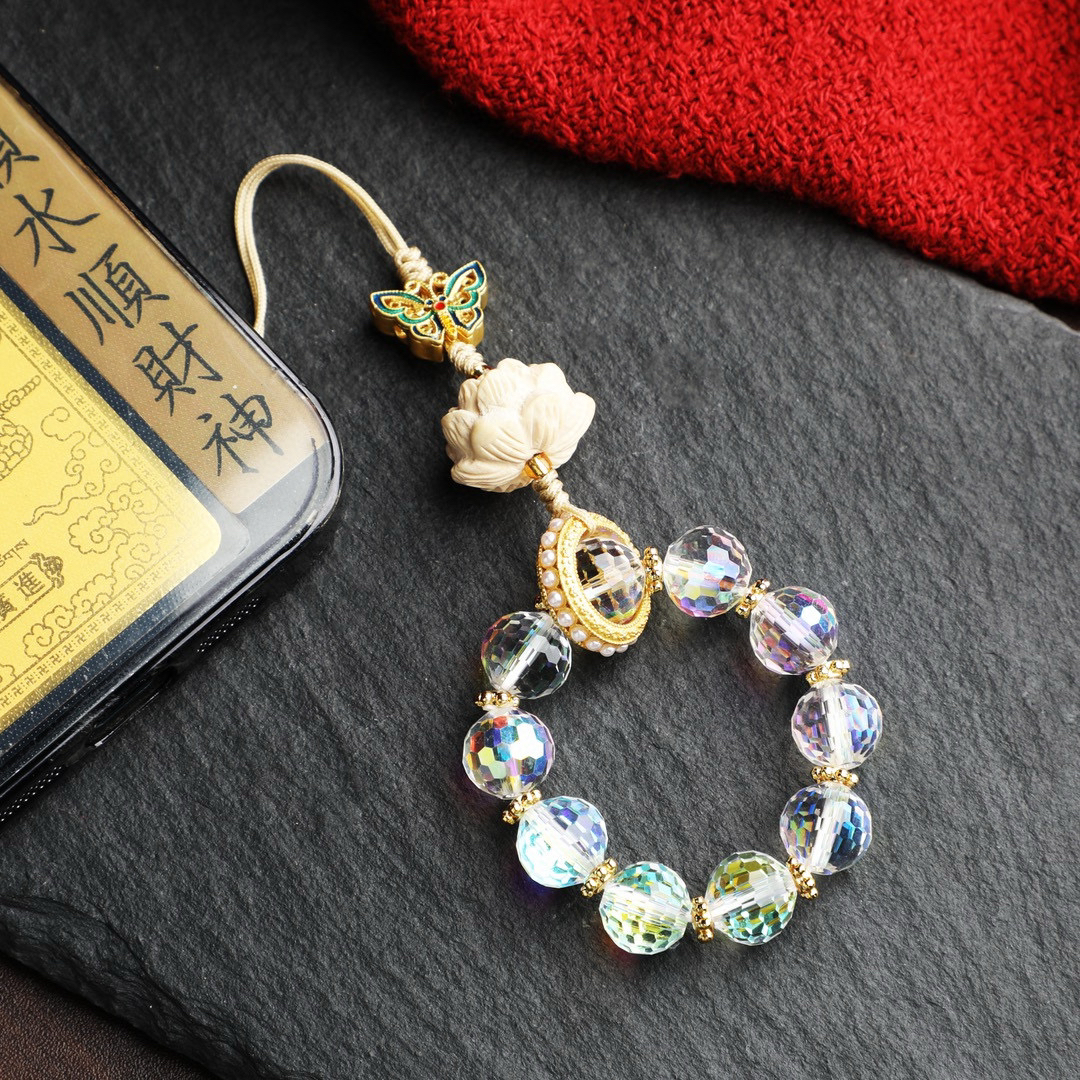 非金属仿水晶手链 二凡木作/人造水晶切割面黄杨木莲花手机挂件