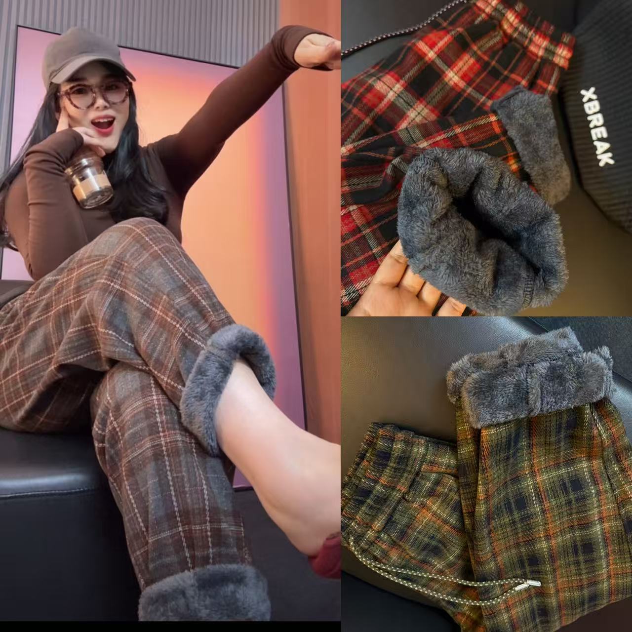 【欧千金】冬款加绒加厚含 北欧羊 羔绒毛呢显瘦哈伦九分裤复古格纹